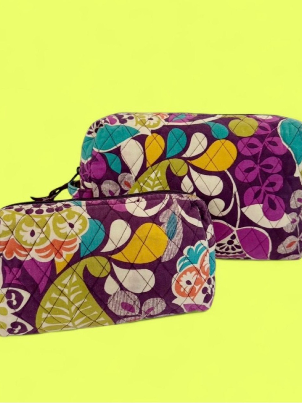 Vera Bradley Plum Crazy Paisley Quilted Cosmetic bags with Teal & Yellow Accents